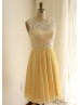 Ivory Lace Yellow Chiffon Popular Short Prom Dress